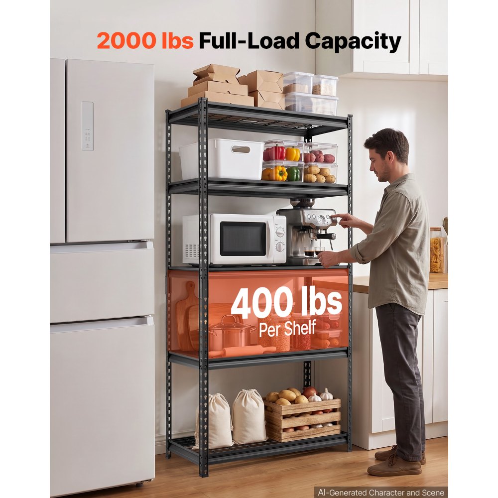VEVOR Storage Shelves, 5-Tier 907.2 kg Garage Shelving 92.3 x 41.5 x 181 cm, for Garage, Basement, Warehouse, Kitchen, Heavy-Duty Metal Stable Construction, Adjustable Wire Racks, with Gloves, Black