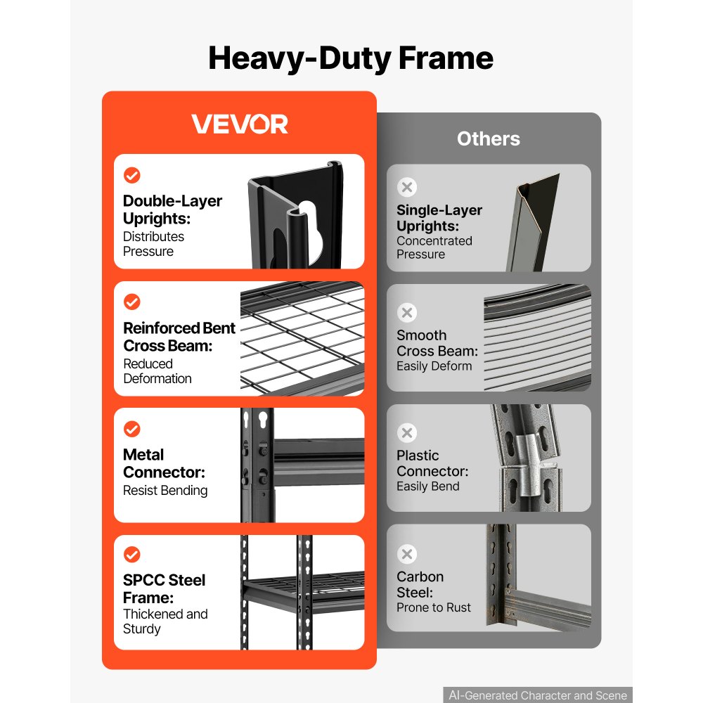 VEVOR Storage Shelves, 5-Tier 907.2 kg Garage Shelving 92.3 x 41.5 x 181 cm, for Garage, Basement, Warehouse, Kitchen, Heavy-Duty Metal Stable Construction, Adjustable Wire Racks, with Gloves, Black