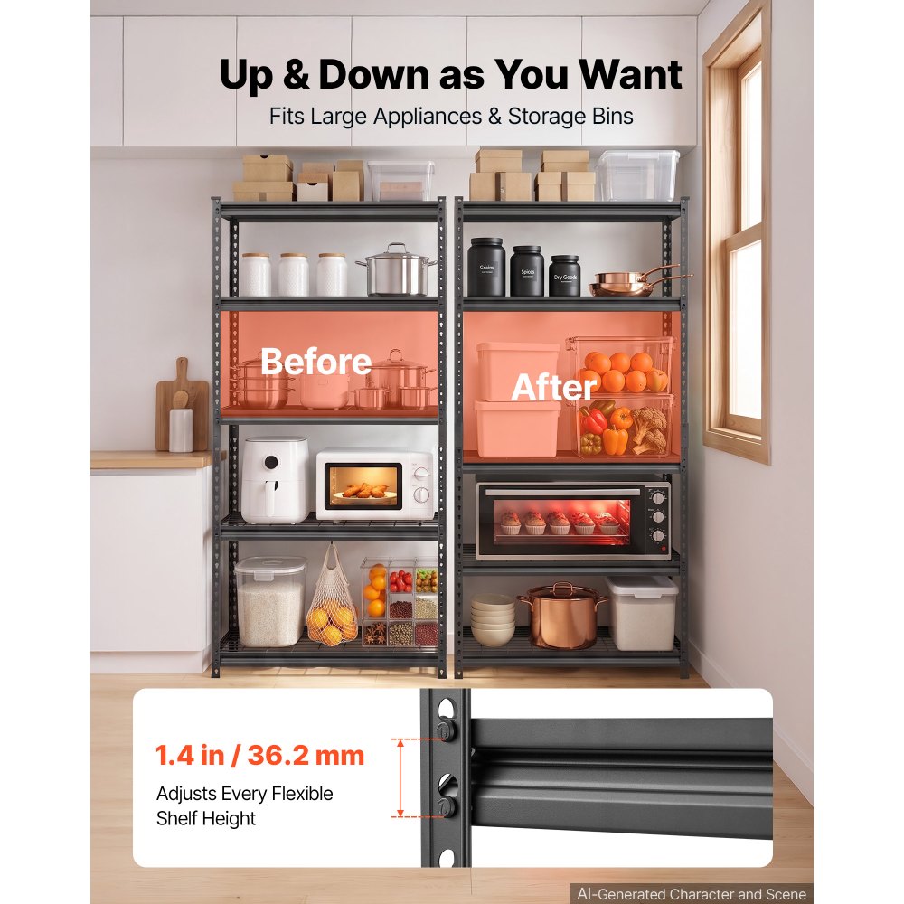 VEVOR Storage Shelves, 5-Tier 907.2 kg Garage Shelving 92.3 x 41.5 x 181 cm, for Garage, Basement, Warehouse, Kitchen, Heavy-Duty Metal Stable Construction, Adjustable Wire Racks, with Gloves, Black