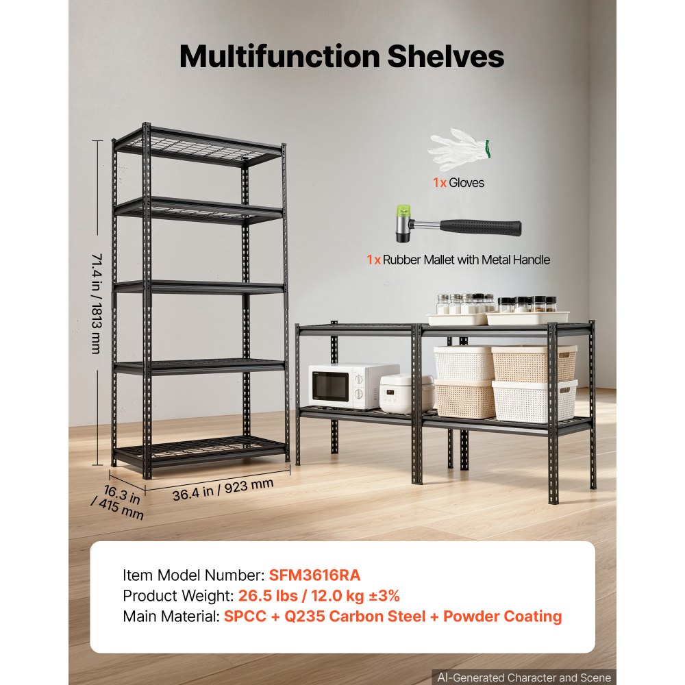 VEVOR Storage Shelves, 5-Tier 907.2 kg Garage Shelving 92.3 x 41.5 x 181 cm, for Garage, Basement, Warehouse, Kitchen, Heavy-Duty Metal Stable Construction, Adjustable Wire Racks, with Gloves, Black