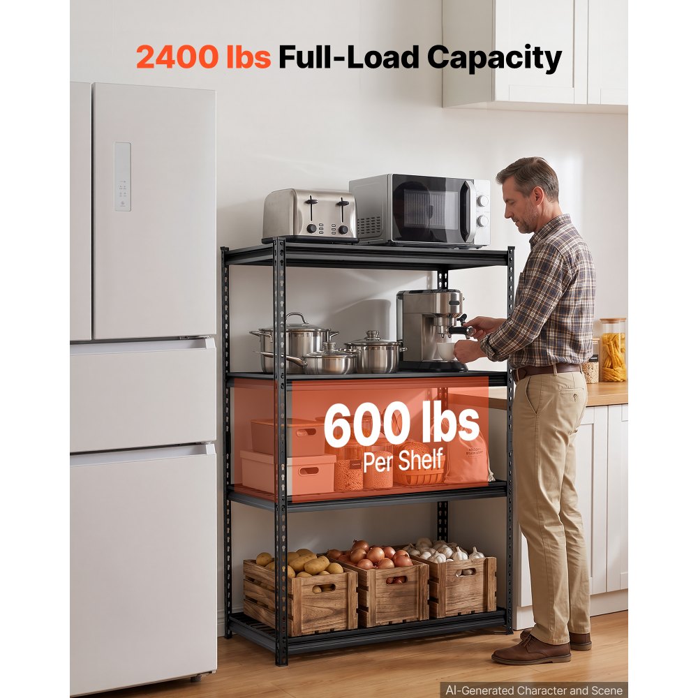 VEVOR Storage Shelves, 4-Tier 1088.6 kg Garage Shelving 102 x 51 x 152 cm, for Garage, Basement, Warehouse, Kitchen, Heavy-Duty Metal Stable Construction, Adjustable Wire Racks, with Gloves, Black