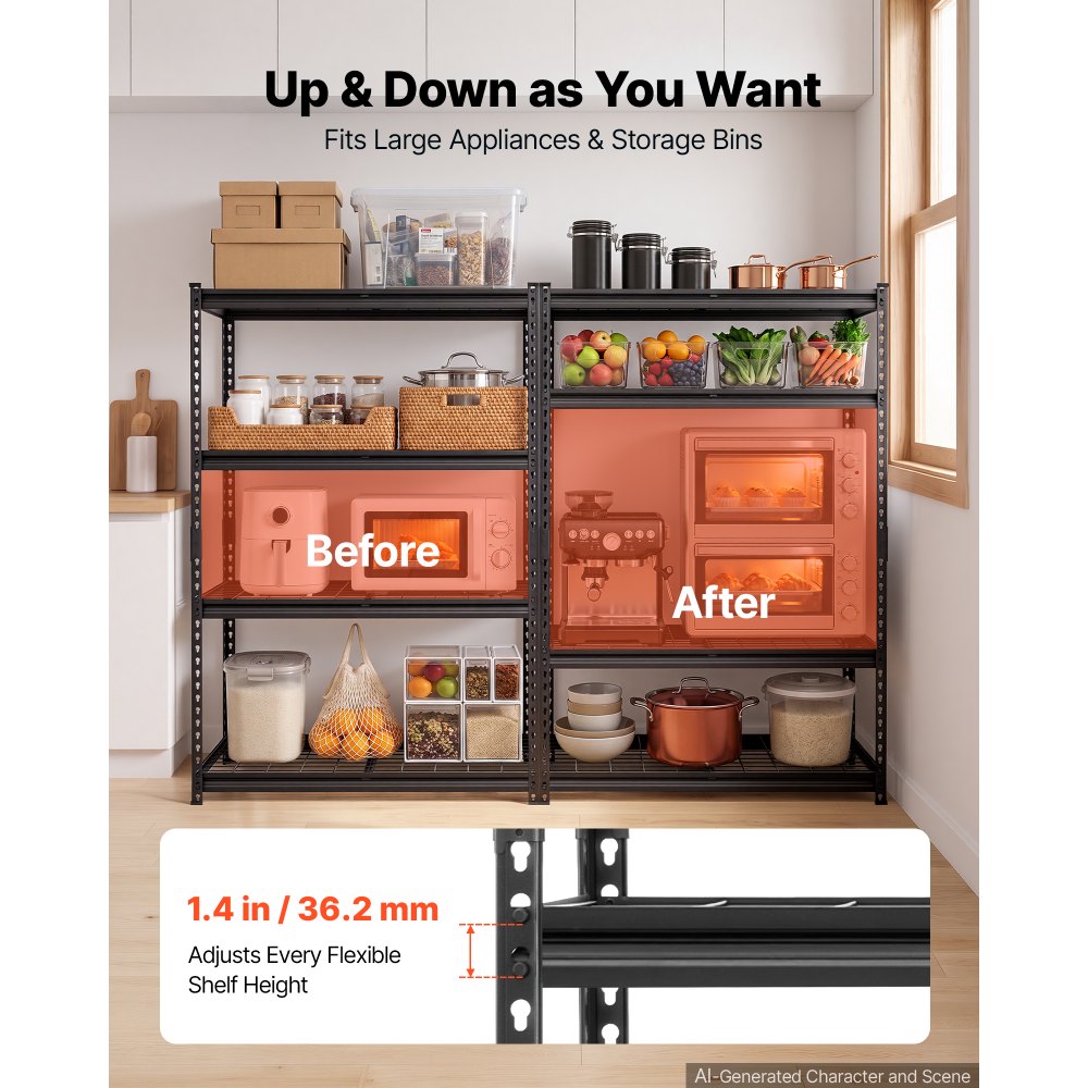 VEVOR Storage Shelves, 4-Tier 1088.6 kg Garage Shelving 102 x 51 x 152 cm, for Garage, Basement, Warehouse, Kitchen, Heavy-Duty Metal Stable Construction, Adjustable Wire Racks, with Gloves, Black
