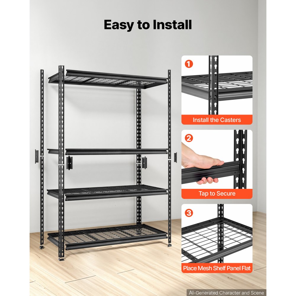 VEVOR Storage Shelves, 4-Tier 1088.6 kg Garage Shelving 102 x 51 x 152 cm, for Garage, Basement, Warehouse, Kitchen, Heavy-Duty Metal Stable Construction, Adjustable Wire Racks, with Gloves, Black