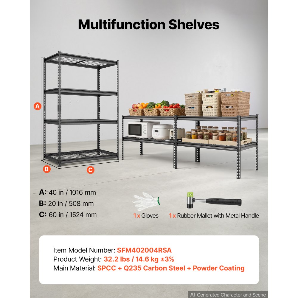 VEVOR Storage Shelves, 4-Tier 1088.6 kg Garage Shelving 102 x 51 x 152 cm, for Garage, Basement, Warehouse, Kitchen, Heavy-Duty Metal Stable Construction, Adjustable Wire Racks, with Gloves, Black