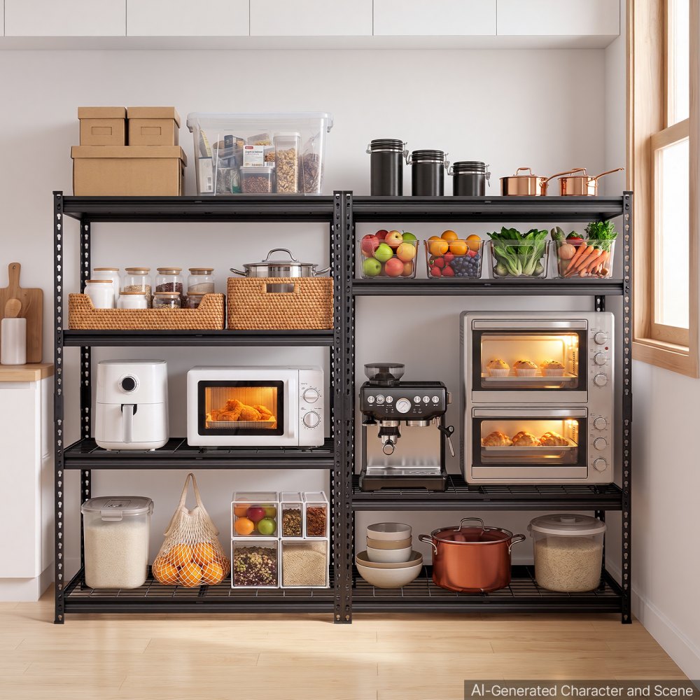 VEVOR Storage Shelves, 4-Tier 1088.6 kg Garage Shelving 102 x 51 x 152 cm, for Garage, Basement, Warehouse, Kitchen, Heavy-Duty Metal Stable Construction, Adjustable Wire Racks, with Gloves, Black