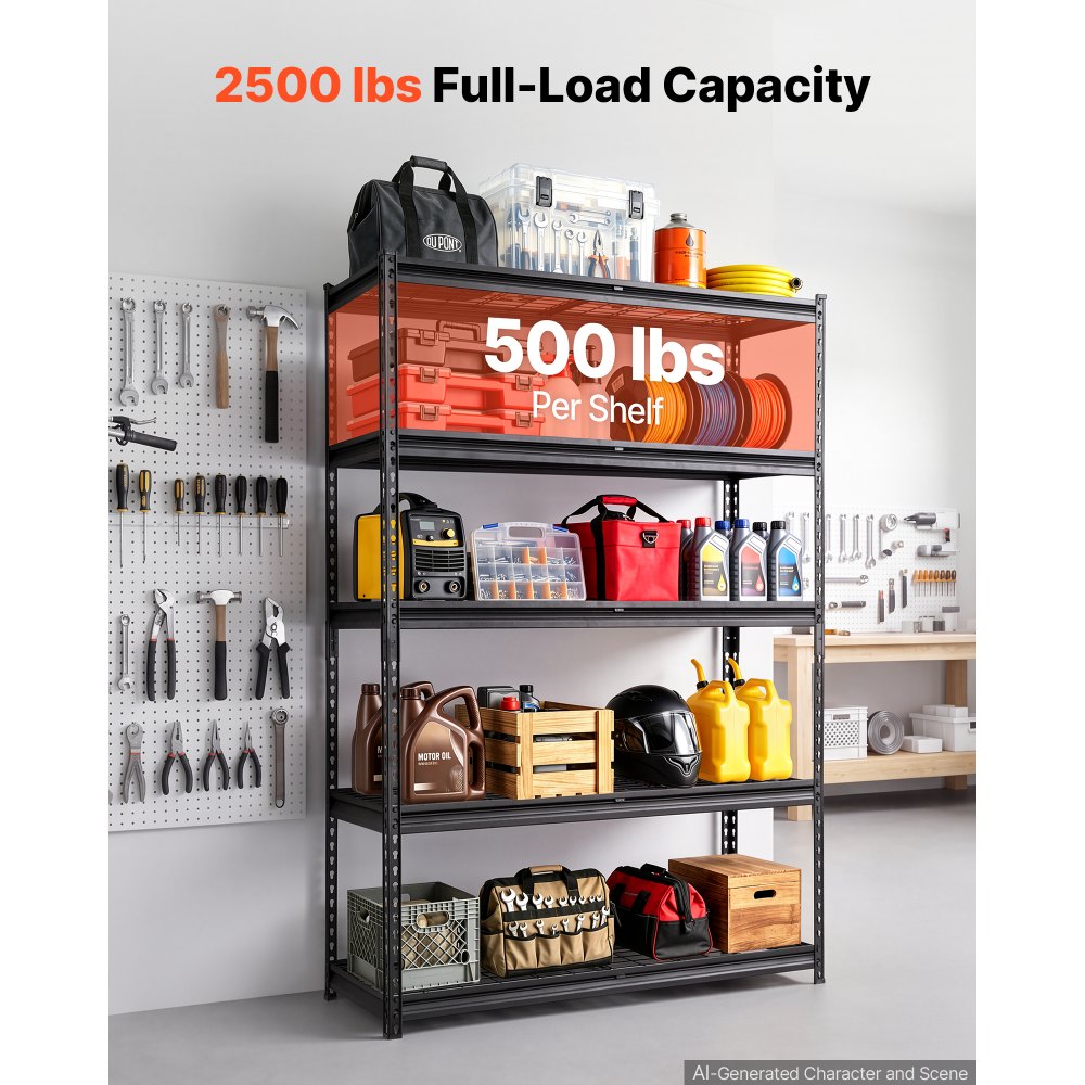 VEVOR Storage Shelves, 5-Tier 1134 kg Garage Shelving 122 x 45 x 181.3 cm, for Garage, Basement, Warehouse, Kitchen, Heavy-Duty Metal Stable Construction, Adjustable Wire Racks, with Gloves, Black