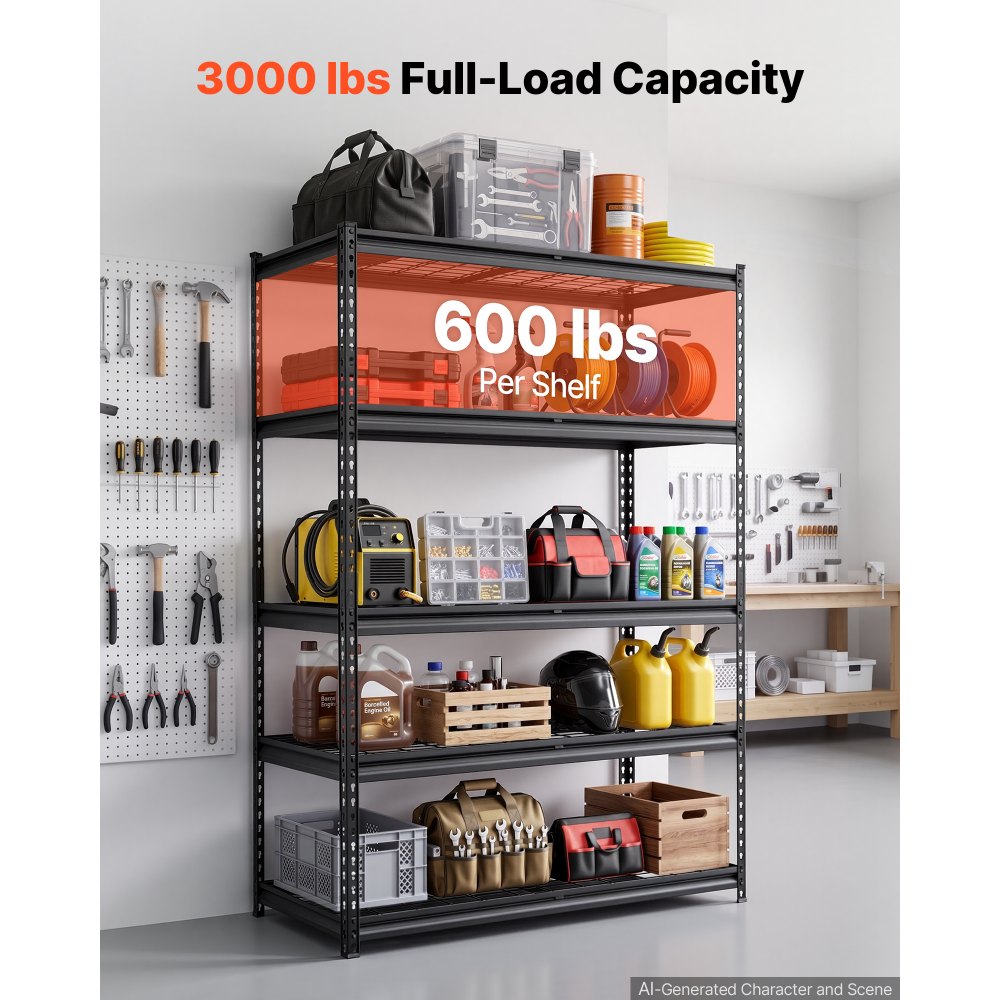 VEVOR Storage Shelves, 5-Tier 3000 lbs Garage Shelving 48 x 20 x 71.4 in, for Garage, Basement, Warehouse, Kitchen, Heavy-Duty Metal Stable Construction, Adjustable Wire Racks, with Gloves, Black