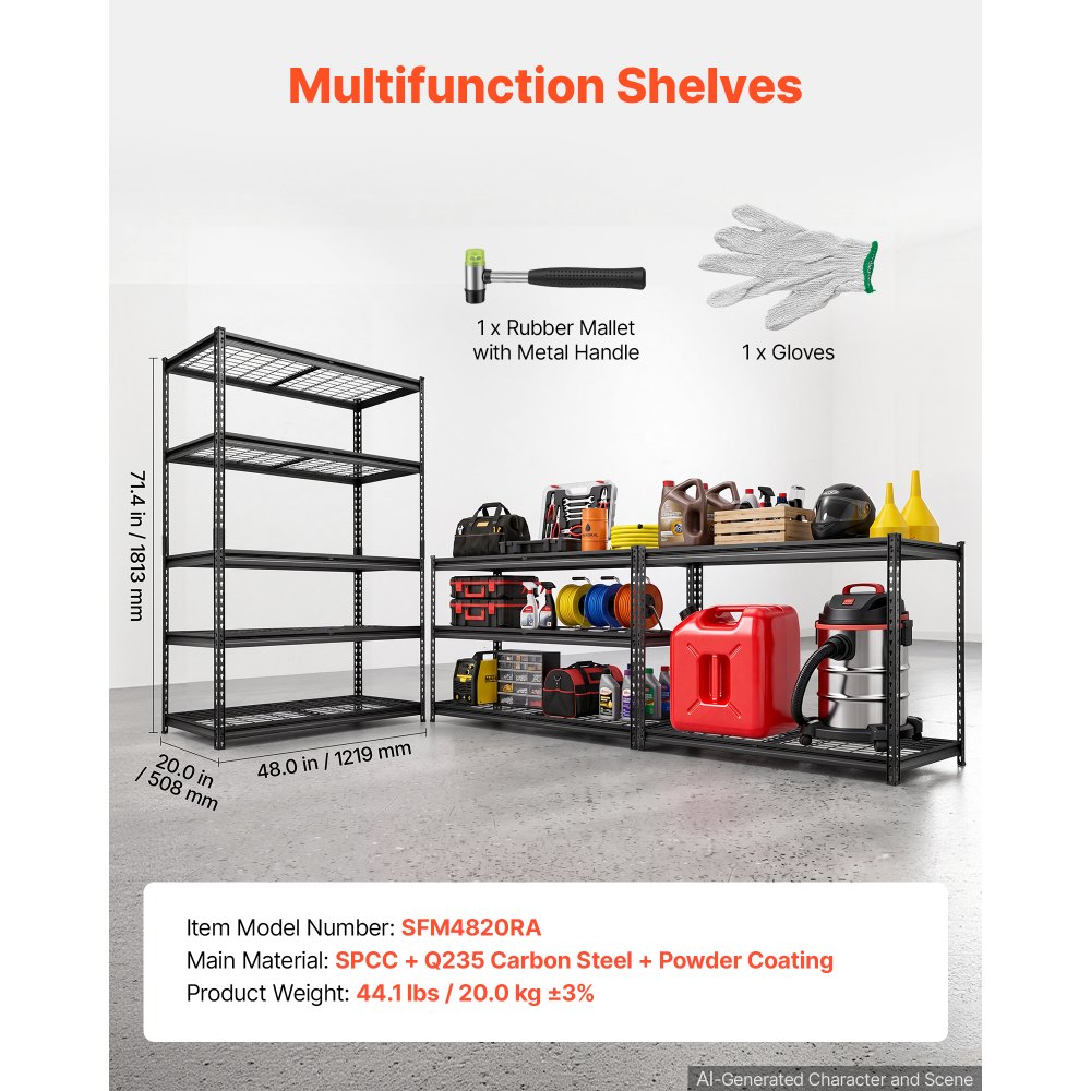 VEVOR Storage Shelves, 5-Tier 3000 lbs Garage Shelving 48 x 20 x 71.4 in, for Garage, Basement, Warehouse, Kitchen, Heavy-Duty Metal Stable Construction, Adjustable Wire Racks, with Gloves, Black
