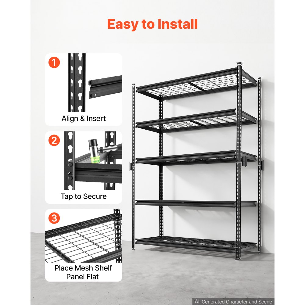 VEVOR Storage Shelves, 5-Tier 3000 lbs Garage Shelving 48 x 20 x 71.4 in, for Garage, Basement, Warehouse, Kitchen, Heavy-Duty Metal Stable Construction, Adjustable Wire Racks, with Gloves, Black