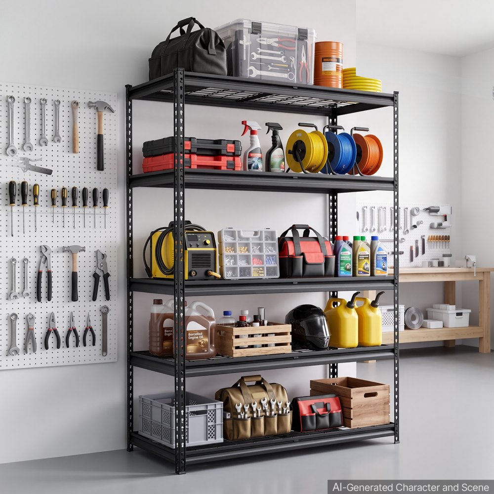 VEVOR Storage Shelves, 5-Tier 3000 lbs Garage Shelving 48 x 20 x 71.4 in, for Garage, Basement, Warehouse, Kitchen, Heavy-Duty Metal Stable Construction, Adjustable Wire Racks, with Gloves, Black