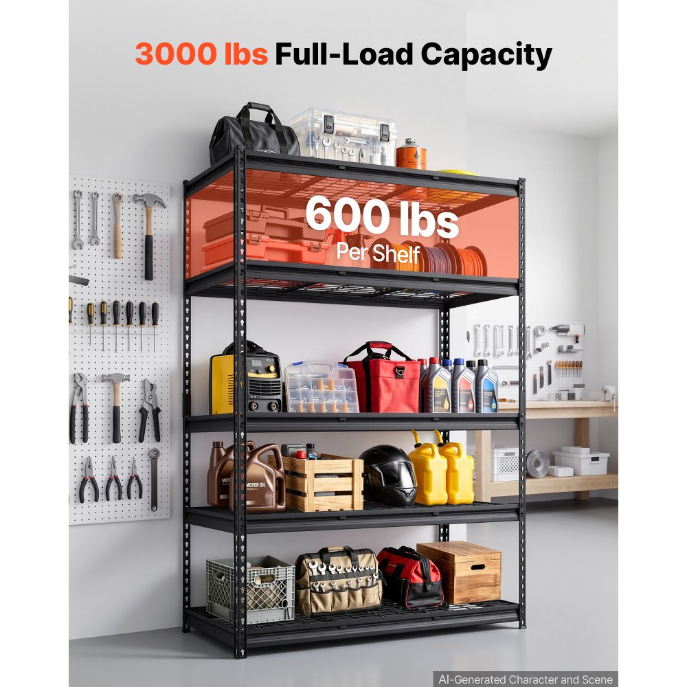 VEVOR Storage Shelves, 5-Tier 1361 kg Garage Shelving 122 x 61 x 181.3 cm, for Garage, Basement, Warehouse, Kitchen, Heavy-Duty Metal Stable Construction, Adjustable Wire Racks, with Gloves, Black