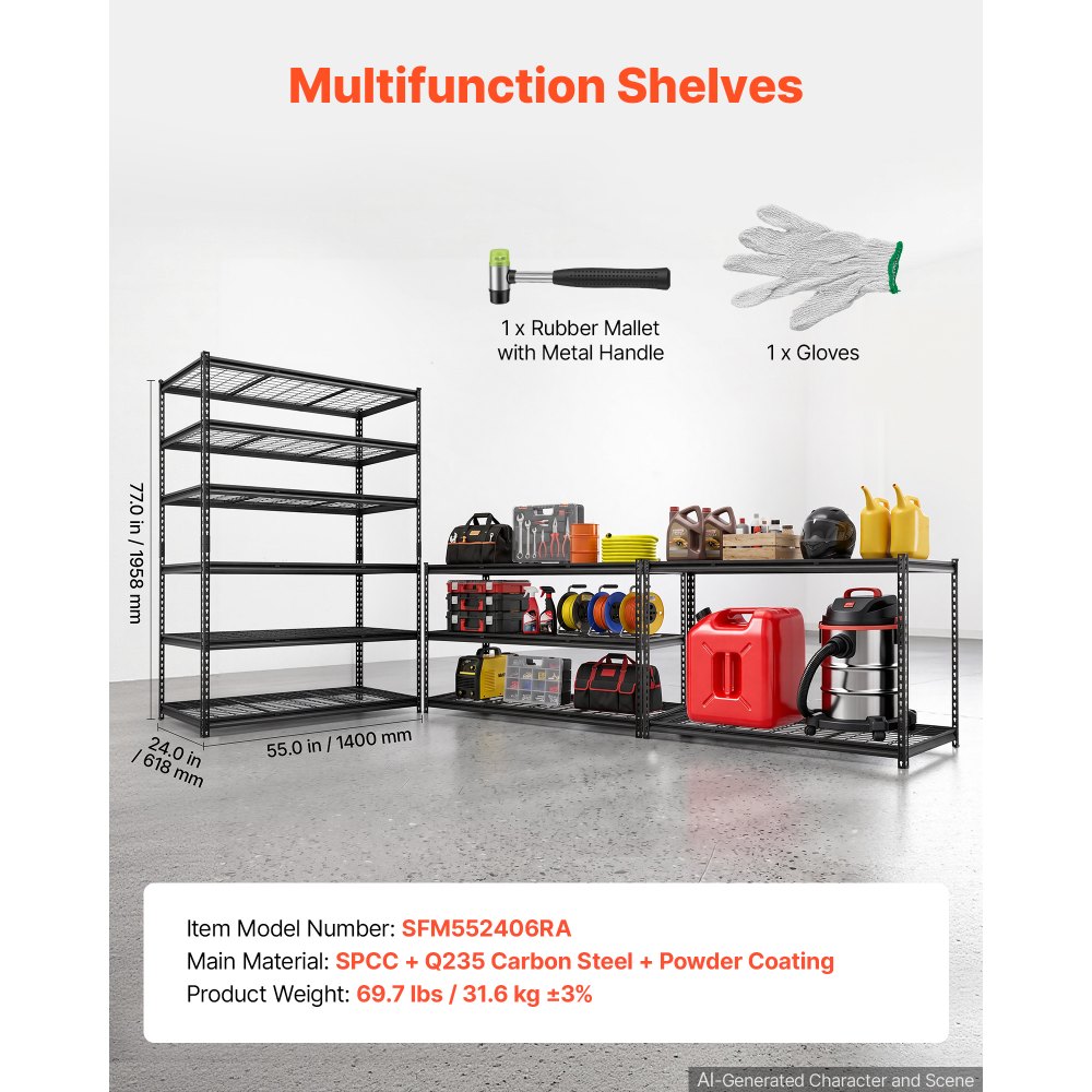 VEVOR Storage Shelves, 6-Tier 1633 kg Garage Shelving 140 x 61.2 x 195.8 cm, for Garage, Basement, Warehouse, Kitchen, Heavy-Duty Metal Stable Construction, Adjustable Wire Racks, with Gloves, Black