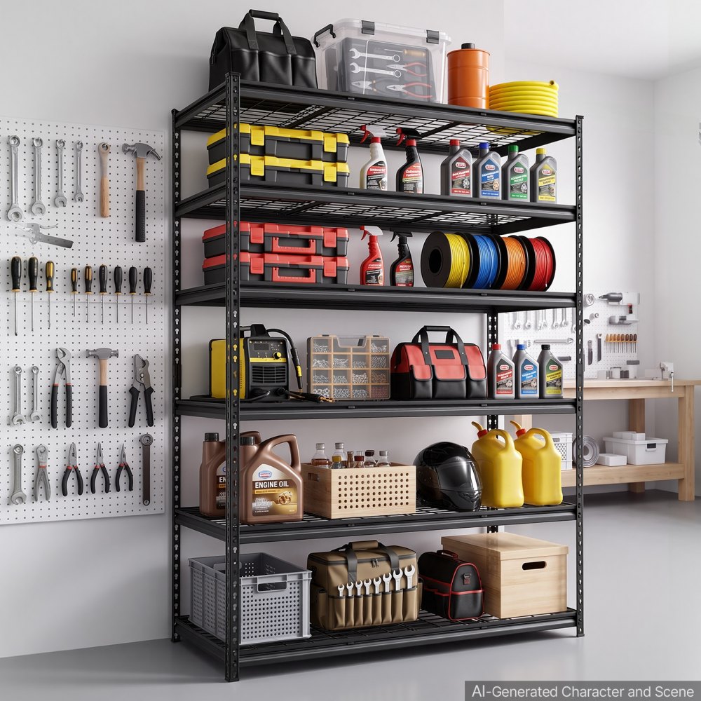 VEVOR Storage Shelves, 6-Tier 1633 kg Garage Shelving 140 x 61.2 x 195.8 cm, for Garage, Basement, Warehouse, Kitchen, Heavy-Duty Metal Stable Construction, Adjustable Wire Racks, with Gloves, Black