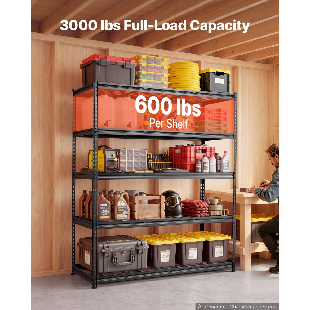 VEVOR Storage Shelves, 5-Tier 3000 lbs Garage Shelving 60 x 24 x 71.4 in, for Garage, Basement, Warehouse, Workshop, Heavy-Duty Metal Stable Construction, Adjustable Wire Racks, with Gloves, Black