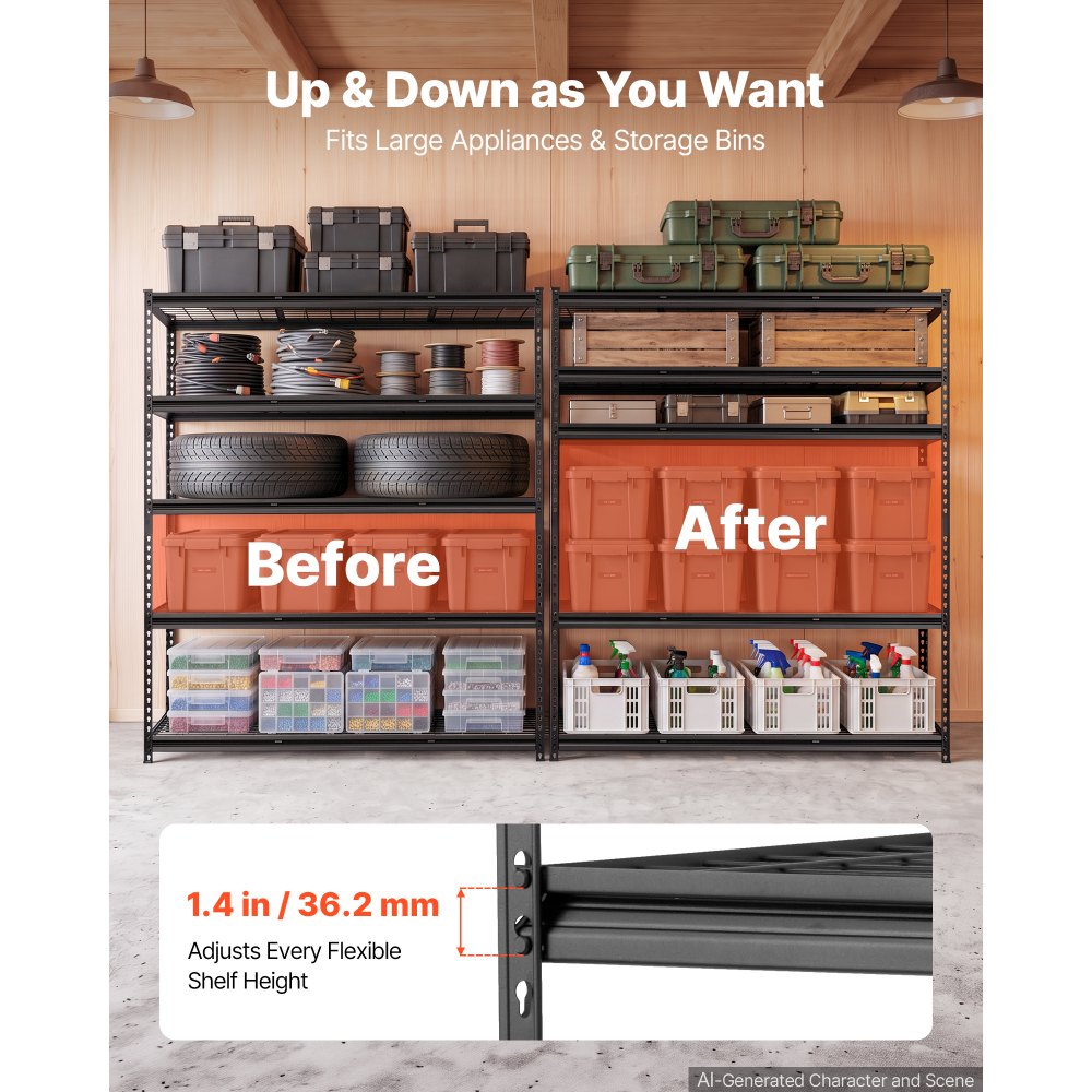 VEVOR Storage Shelves, 5-Tier 3000 lbs Garage Shelving 60 x 24 x 71.4 in, for Garage, Basement, Warehouse, Workshop, Heavy-Duty Metal Stable Construction, Adjustable Wire Racks, with Gloves, Black