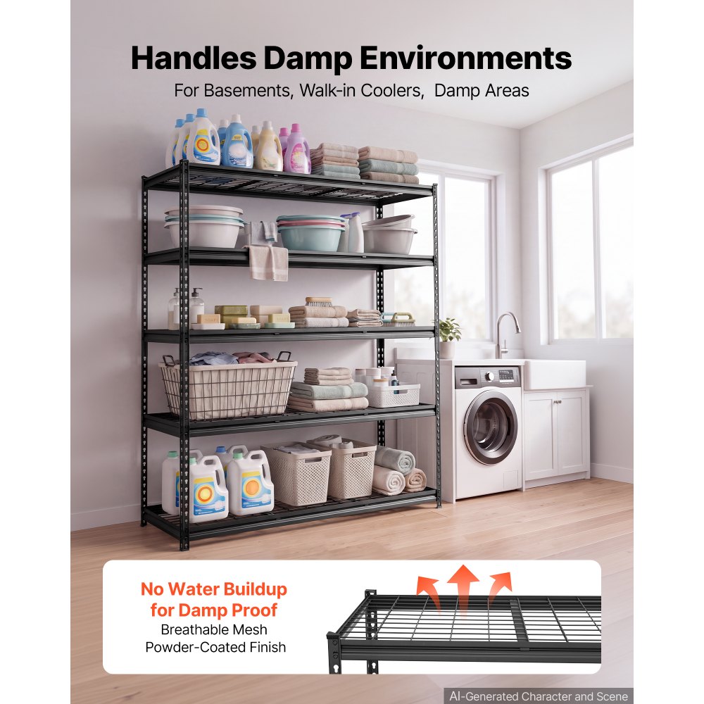 VEVOR Storage Shelves, 5-Tier 3000 lbs Garage Shelving 60 x 24 x 71.4 in, for Garage, Basement, Warehouse, Workshop, Heavy-Duty Metal Stable Construction, Adjustable Wire Racks, with Gloves, Black