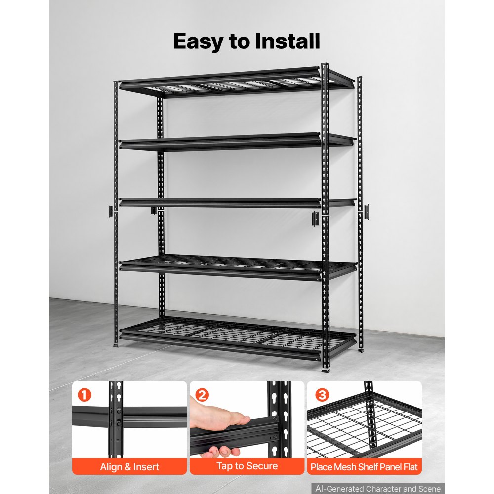 VEVOR Storage Shelves, 5-Tier 3000 lbs Garage Shelving 60 x 24 x 71.4 in, for Garage, Basement, Warehouse, Workshop, Heavy-Duty Metal Stable Construction, Adjustable Wire Racks, with Gloves, Black
