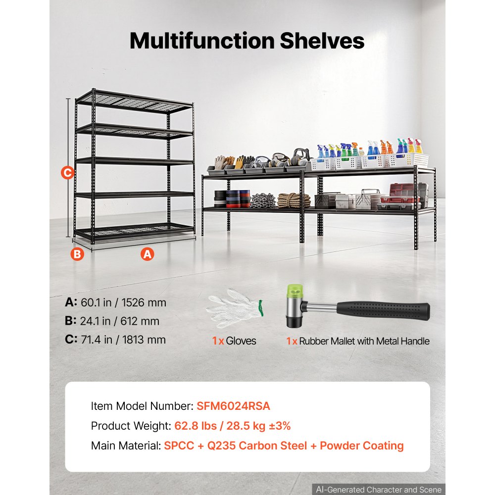 VEVOR Storage Shelves, 5-Tier 3000 lbs Garage Shelving 60 x 24 x 71.4 in, for Garage, Basement, Warehouse, Workshop, Heavy-Duty Metal Stable Construction, Adjustable Wire Racks, with Gloves, Black
