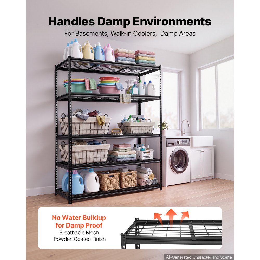 VEVOR Storage Shelves, 5-Tier 1361 kg Garage Shelving 153 x 61.2 x 195.8 cm, for Garage, Basement, Warehouse, Workshop, Heavy-Duty Metal Stable Construction, Adjustable Wire Racks, with Gloves, Black