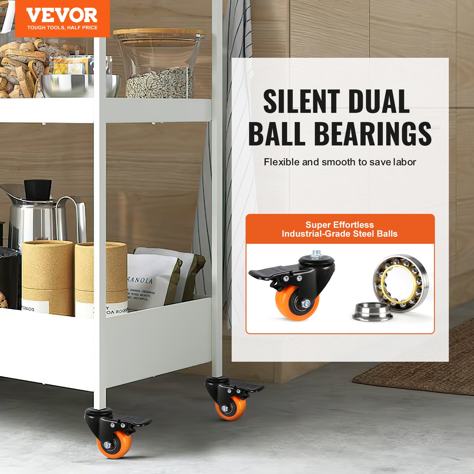VEVOR caster wheels with silent dual ball bearings on a storage cart, promoting smooth and efficient mobility.