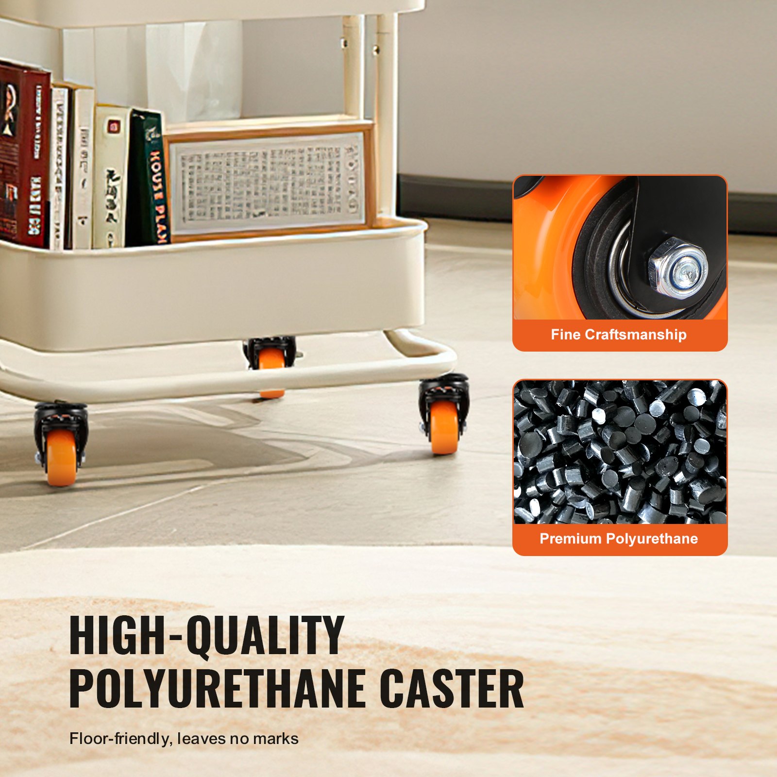 white cart with VEVOR caster wheels. highlighted features include fine craftsmanship and premium polyurethane.