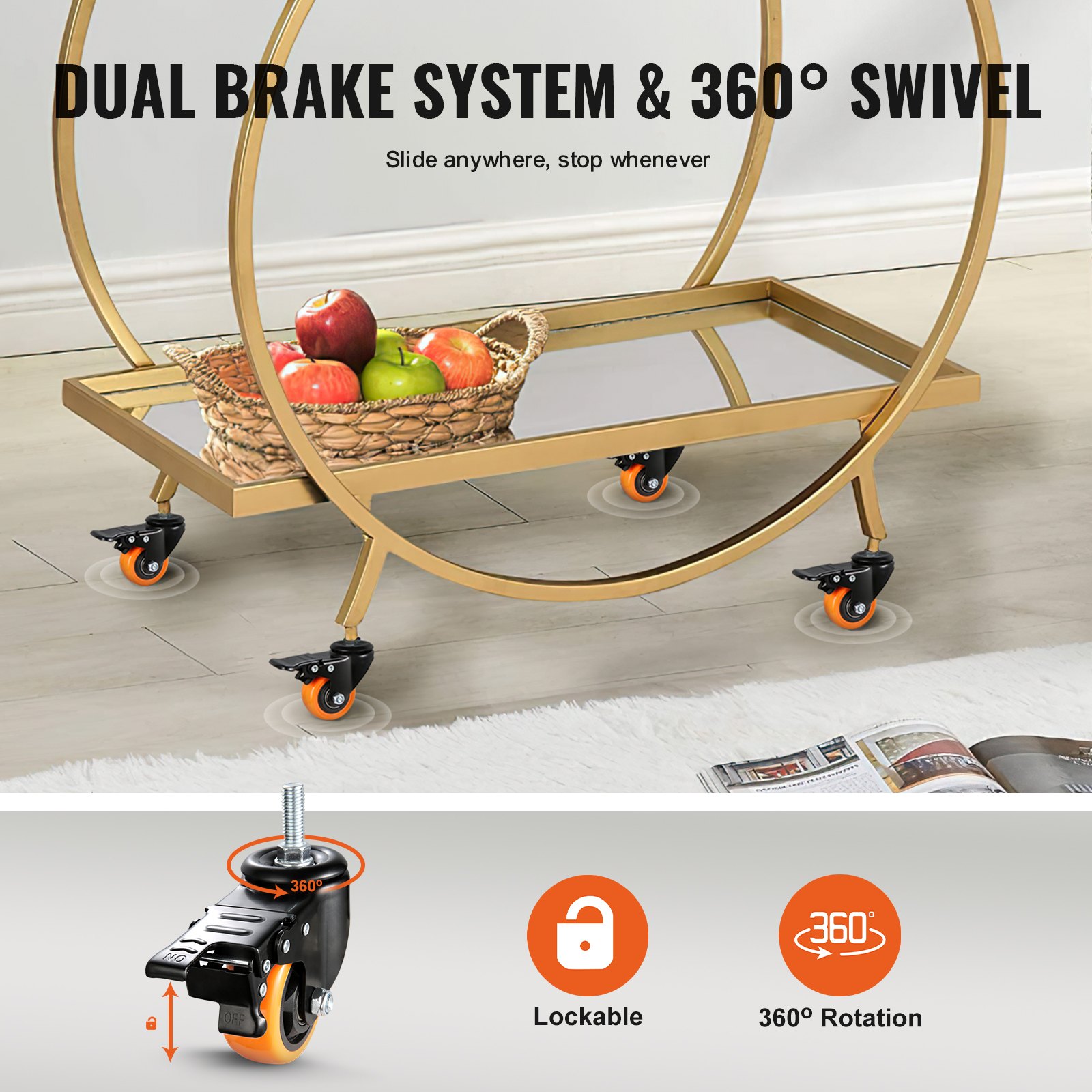 gold cart on VEVOR caster wheels with 360° swivel and dual brake system, holding a basket of apples.
