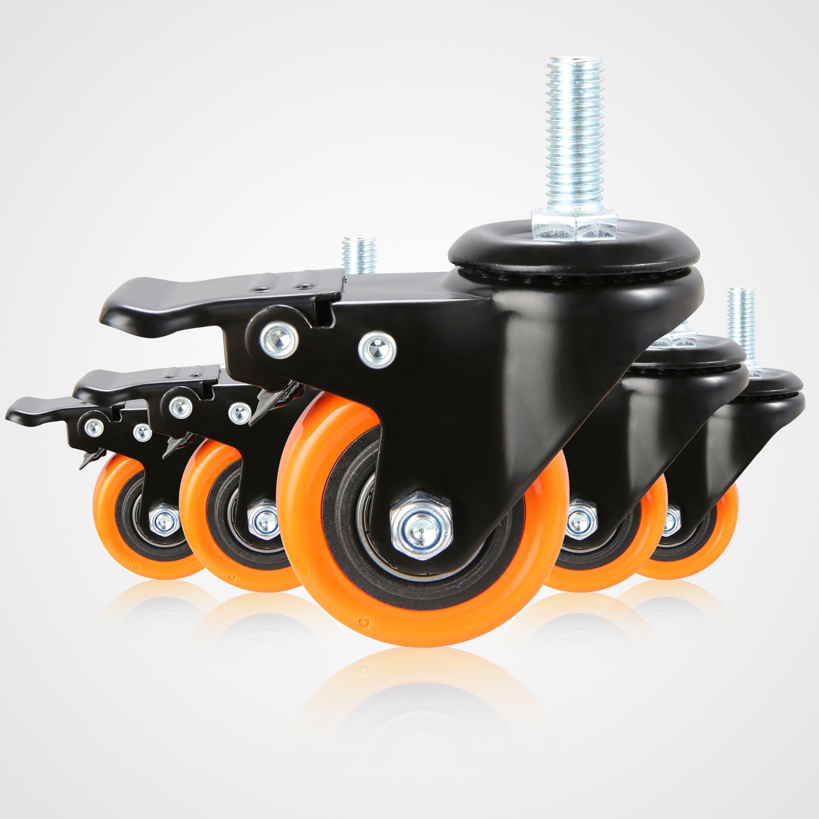 VEVOR caster wheels with black frames and orange rims, featuring threaded stems and brakes.