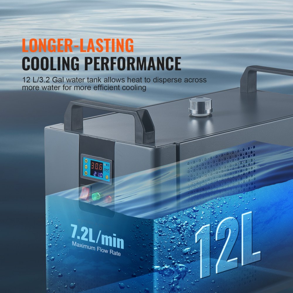 VEVOR Industrial Water Chiller, KH-6000, 200W Industrial Water Cooler Cooling System with Compressor 12 L Water Tank Capacity 7.8 L/min Max Flow Rate, for CO2 Laser Engraving Machine Cooling Machine
