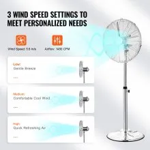 16" Industrial Pedestal Fan 3-Speed Oscillating Fan Height Adjustable Silver