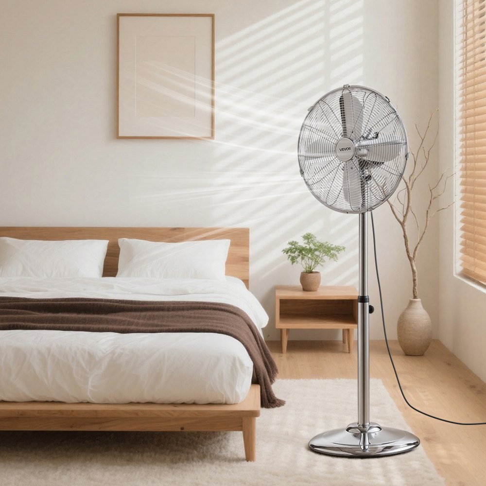VEVOR 16-Inch High Velocity Pedestal Fan, 1450 CFM Industrial Standing Floor Fan with Handle, 75° Oscillating, 3-Speed Adjustable Height, Metal Made for Commercial, Garage, Workshop, Home, Silver
