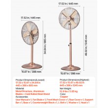 16" Industrial Pedestal Fan 3-Speed Oscillating Fan Height Adjustable Copper