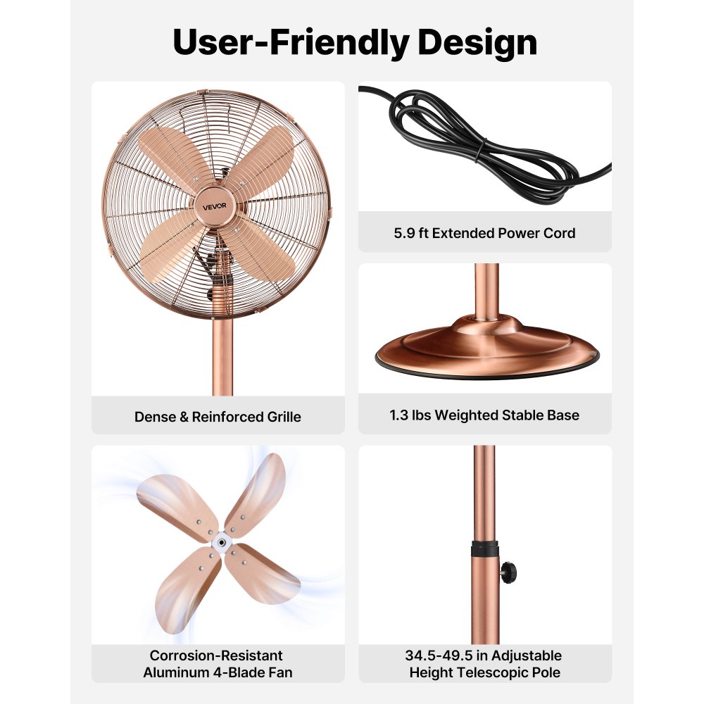 VEVOR 16-Inch High Velocity Pedestal Fan, 1450 CFM Industrial Standing Floor Fan with Handle, 75° Oscillating, 3-Speed Adjustable Height, Metal Made for Commercial, Garage, Workshop, Home, Copper