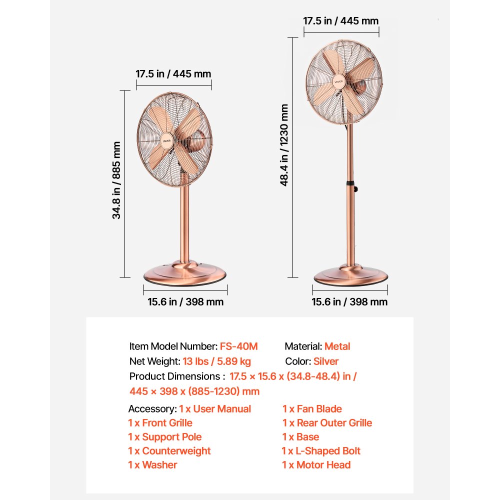VEVOR 16-Inch High Velocity Pedestal Fan, 1450 CFM Industrial Standing Floor Fan with Handle, 75° Oscillating, 3-Speed Adjustable Height, Metal Made for Commercial, Garage, Workshop, Home, Copper