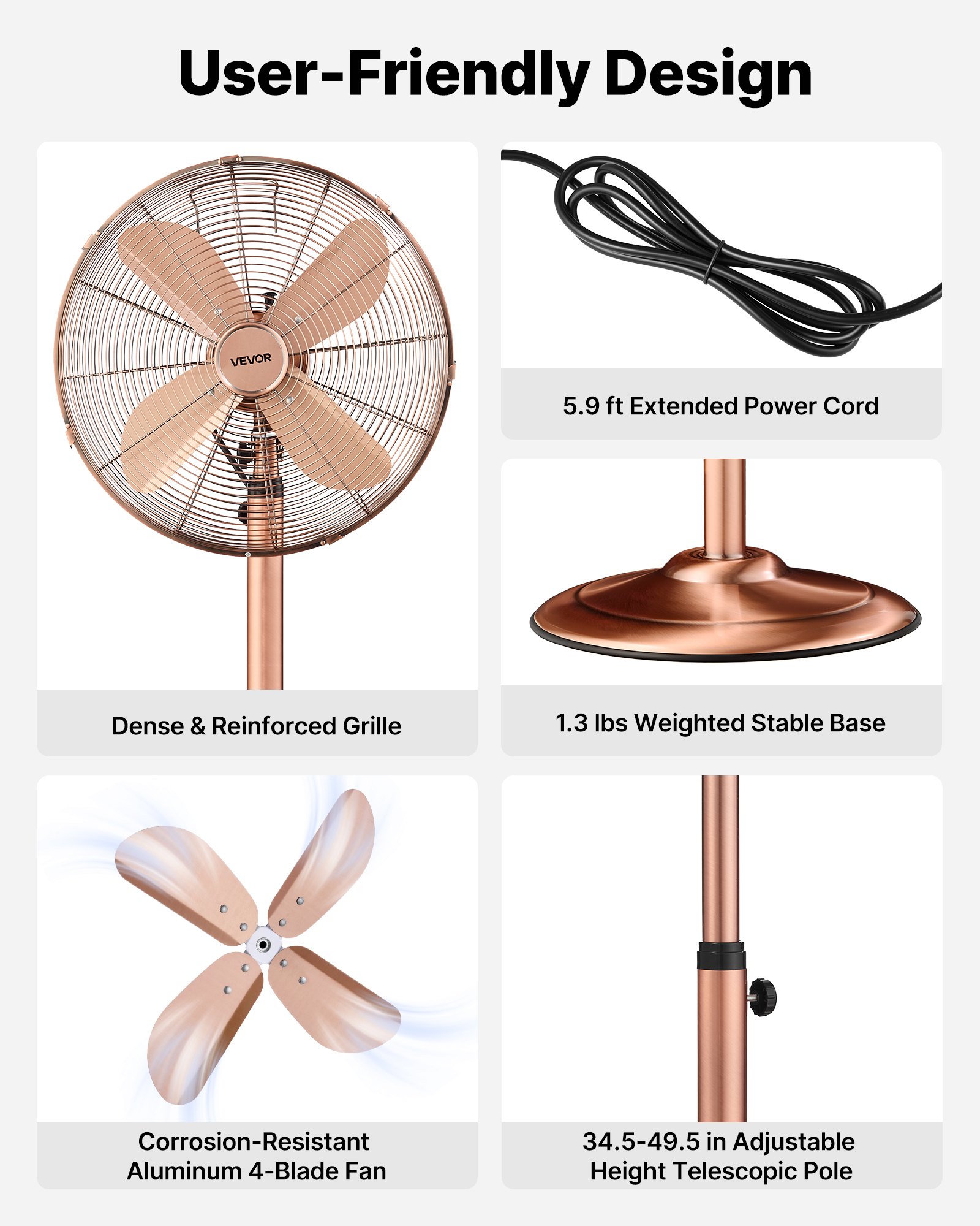 VEVOR 16-Inch High Velocity Pedestal Fan, 1450 CFM Industrial Standing Floor Fan with Handle, 75° Oscillating, 3-Speed Adjustable Height, Metal Made for Commercial, Garage, Workshop, Home, Copper