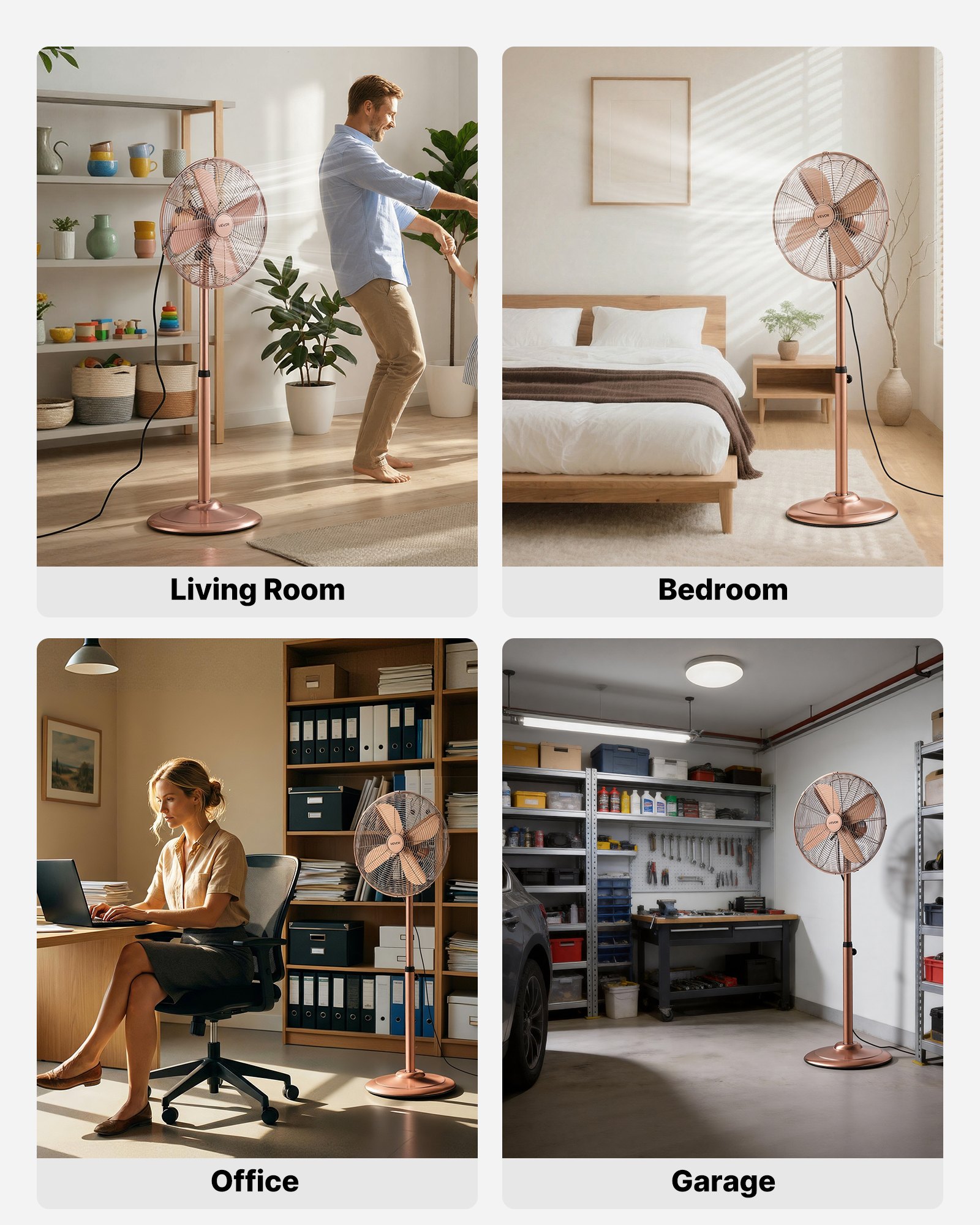 VEVOR 16-Inch High Velocity Pedestal Fan, 1450 CFM Industrial Standing Floor Fan with Handle, 75° Oscillating, 3-Speed Adjustable Height, Metal Made for Commercial, Garage, Workshop, Home, Copper