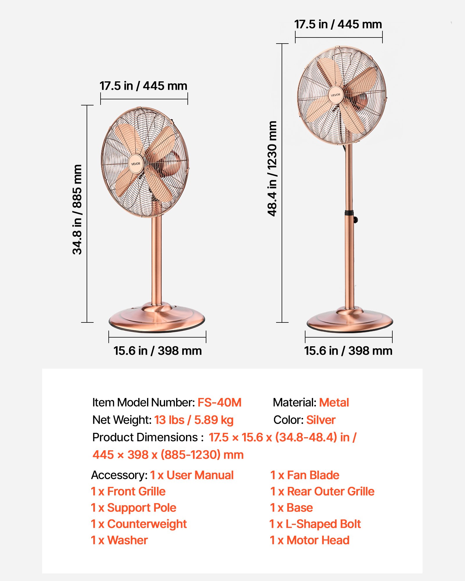 VEVOR 16-Inch High Velocity Pedestal Fan, 1450 CFM Industrial Standing Floor Fan with Handle, 75° Oscillating, 3-Speed Adjustable Height, Metal Made for Commercial, Garage, Workshop, Home, Copper