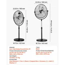 18" Industrial Pedestal Fan 3-Speed Fan 45.3 to 57.9 Inch Height Adjustable