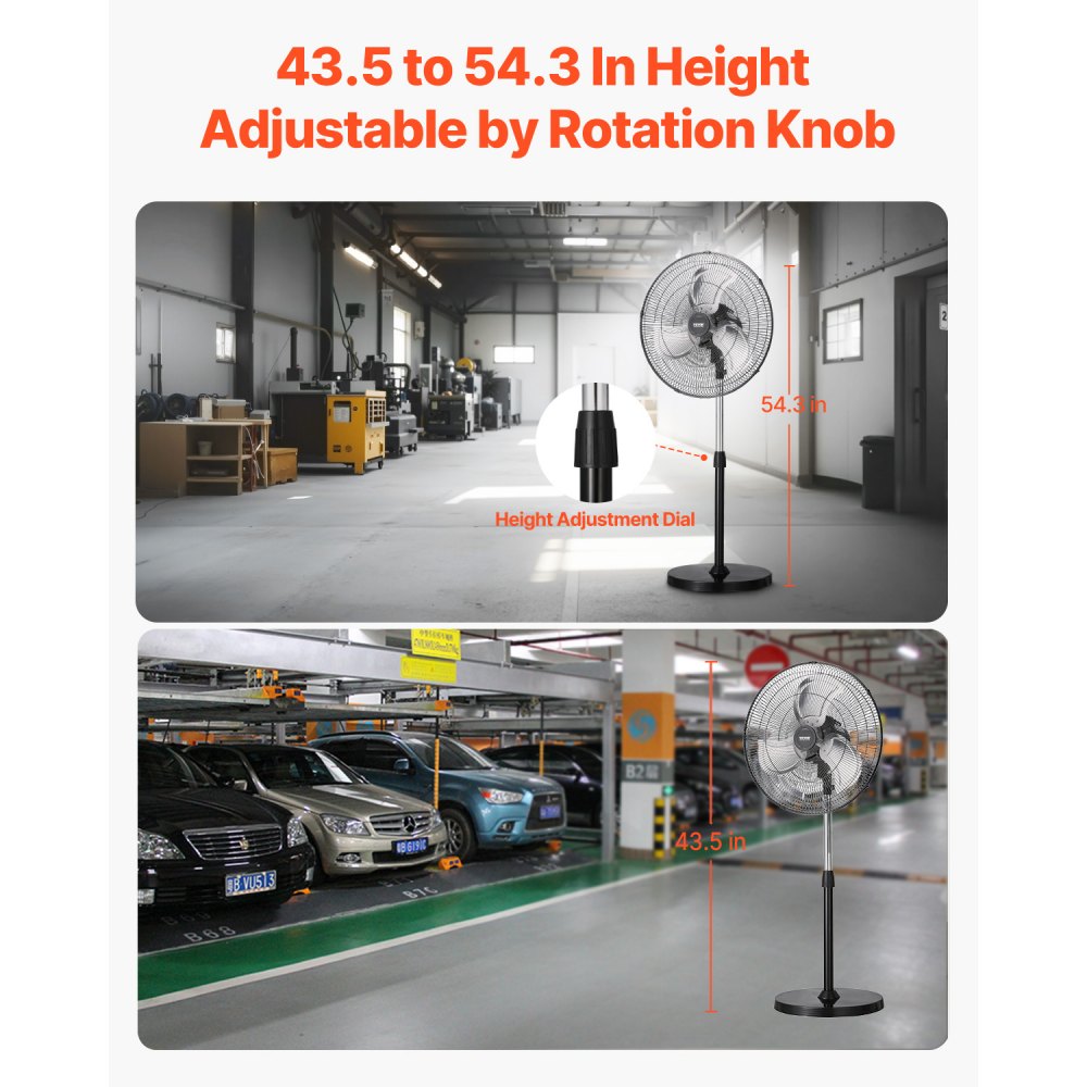 VEVOR Industrial Pedestal Fan, 20 Inch 90-Degree Oscillating Fan, Height Adjustable Standing Fans with 3 Adjustable Speeds, High Power Floor Fans for Bedroom, Living Room, Home, Office, Black