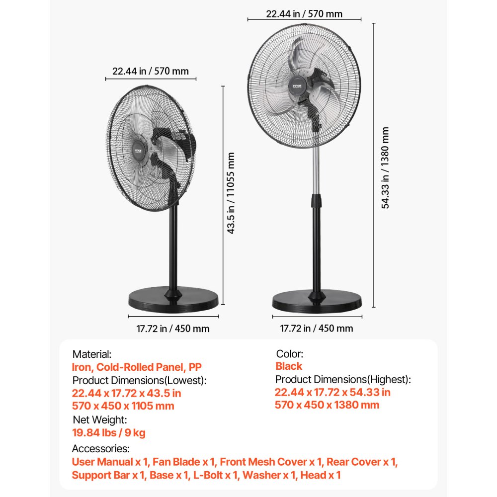 VEVOR Industrial Pedestal Fan, 20 Inch 90-Degree Oscillating Fan, Height Adjustable Standing Fans with 3 Adjustable Speeds, High Power Floor Fans for Bedroom, Living Room, Home, Office, Black