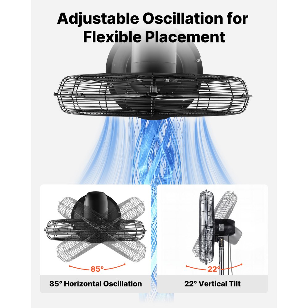 VEVOR 24-Inch High Velocity Pedestal Fan, 6800 CFM Industrial Standing Floor Fan with 85° Oscillating, 3-Speed Adjustable Height, IP44 Waterproof, Carbon Steel for Commercial, Garage, Workshop, Black