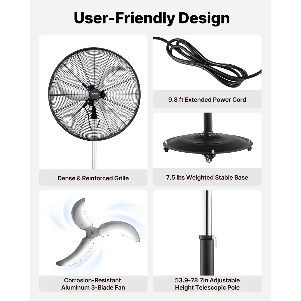 VEVOR 24-Inch High Velocity Pedestal Fan, 6800 CFM Industrial Standing Floor Fan with 85° Oscillating, 3-Speed Adjustable Height, IP44 Waterproof, Carbon Steel for Commercial, Garage, Workshop, Black