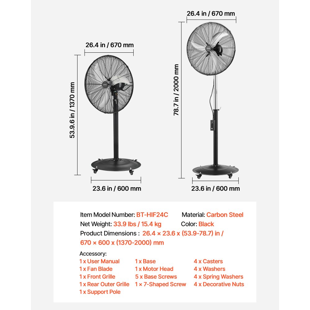VEVOR 24-Inch High Velocity Pedestal Fan, 6800 CFM Industrial Standing Floor Fan with 85° Oscillating, 3-Speed Adjustable Height, IP44 Waterproof, Carbon Steel for Commercial, Garage, Workshop, Black