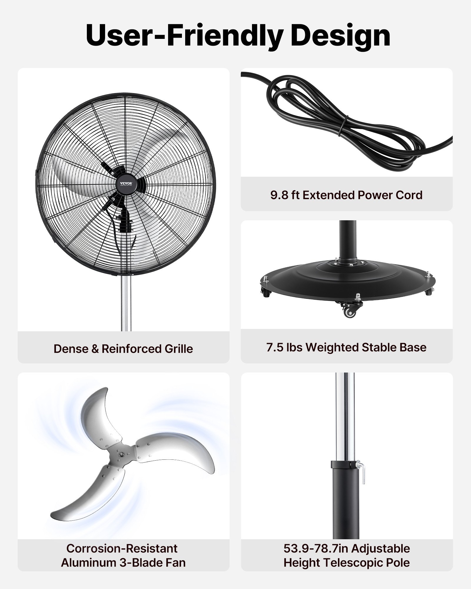 VEVOR 24-Inch High Velocity Pedestal Fan, 6800 CFM Industrial Standing Floor Fan with 85° Oscillating, 3-Speed Adjustable Height, IP44 Waterproof, Carbon Steel for Commercial, Garage, Workshop, Black