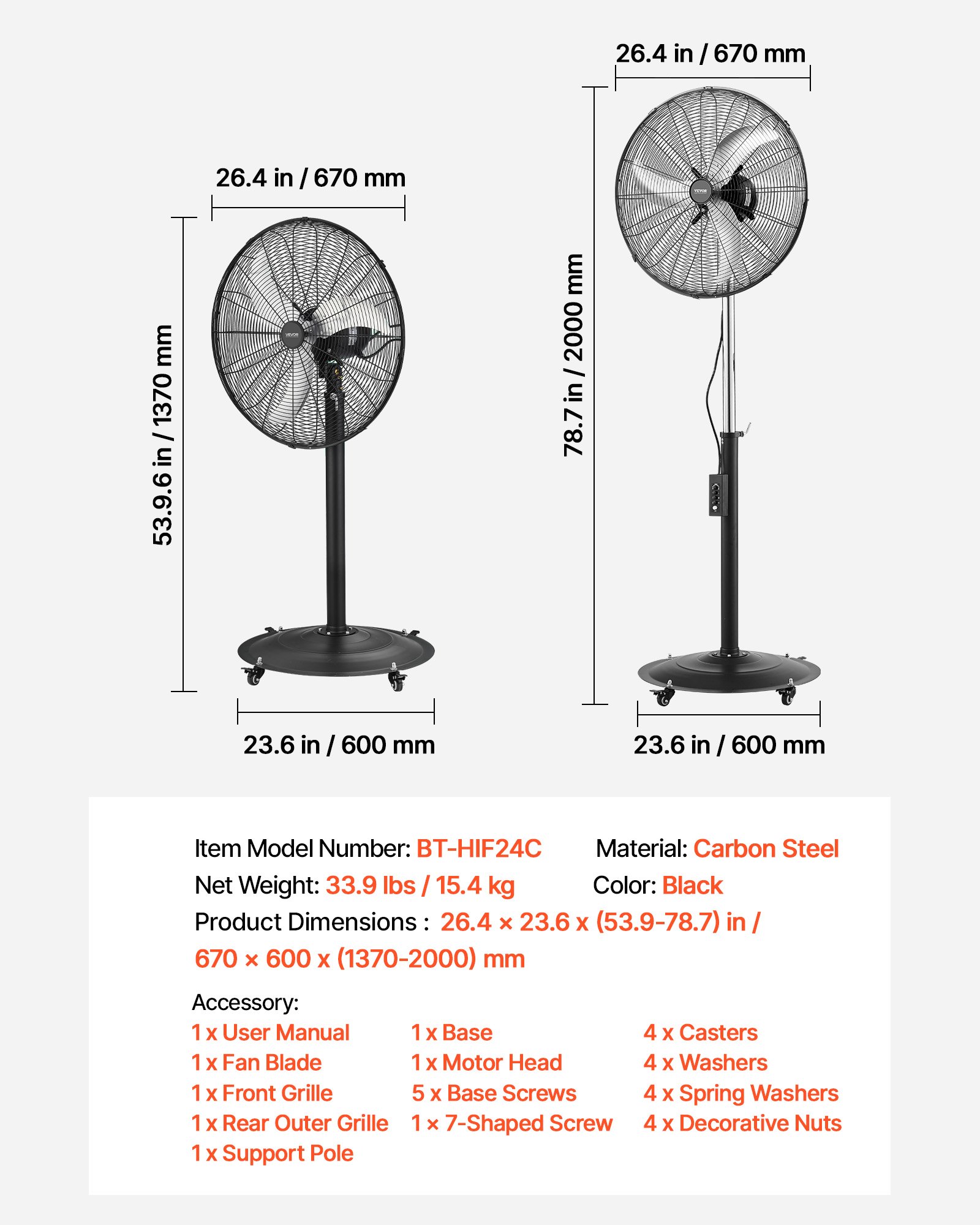 VEVOR 24-Inch High Velocity Pedestal Fan, 6800 CFM Industrial Standing Floor Fan with 85° Oscillating, 3-Speed Adjustable Height, IP44 Waterproof, Carbon Steel for Commercial, Garage, Workshop, Black