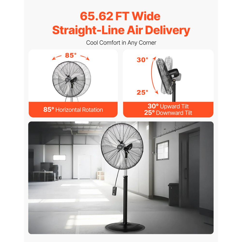 VEVOR Industrial Pedestal Fan, 24 Inch 85-Degree Oscillating Fan, Height Adjustable Standing Fans with 3 Adjustable Speeds, High Power Floor Fans for Bedroom, Living Room, Home, Office, Black