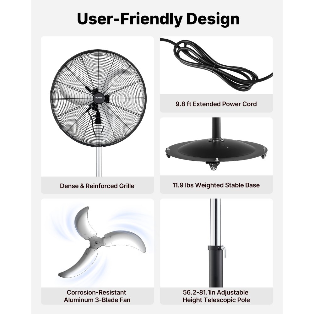 VEVOR 30-Inch High Velocity Pedestal Fan, 9100 CFM Industrial Standing Floor Fan with 85° Oscillating, 3-Speed Adjustable Height, IP44 Waterproof, Carbon Steel for Commercial, Garage, Workshop, Black