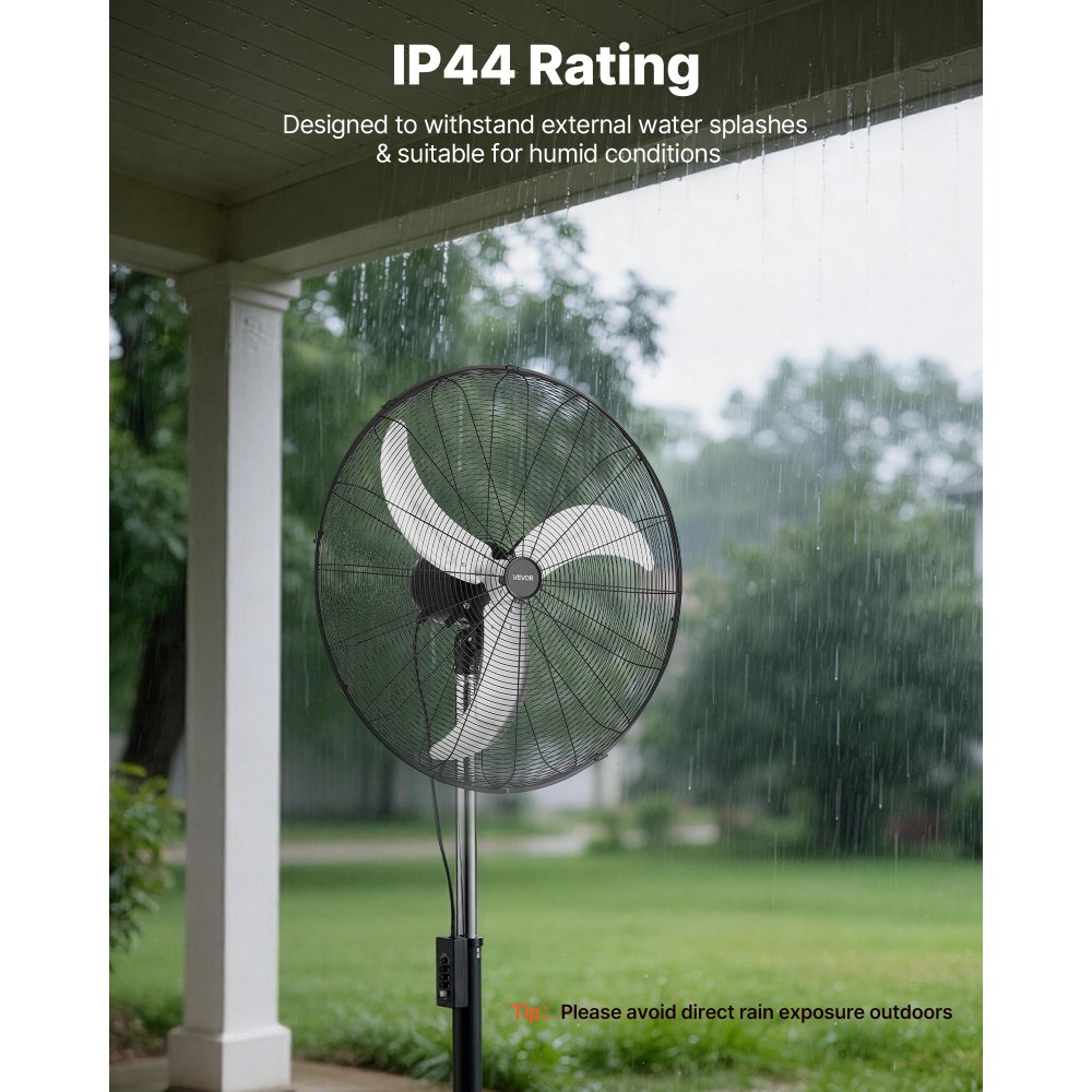 VEVOR 30-Inch High Velocity Pedestal Fan, 9100 CFM Industrial Standing Floor Fan with 85° Oscillating, 3-Speed Adjustable Height, IP44 Waterproof, Carbon Steel for Commercial, Garage, Workshop, Black