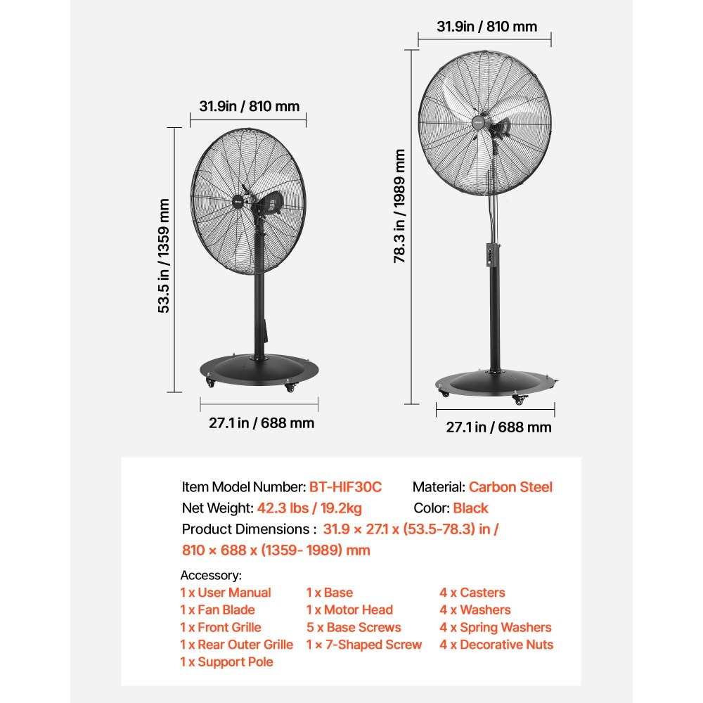 VEVOR 30-Inch High Velocity Pedestal Fan, 9100 CFM Industrial Standing Floor Fan with 85° Oscillating, 3-Speed Adjustable Height, IP44 Waterproof, Carbon Steel for Commercial, Garage, Workshop, Black
