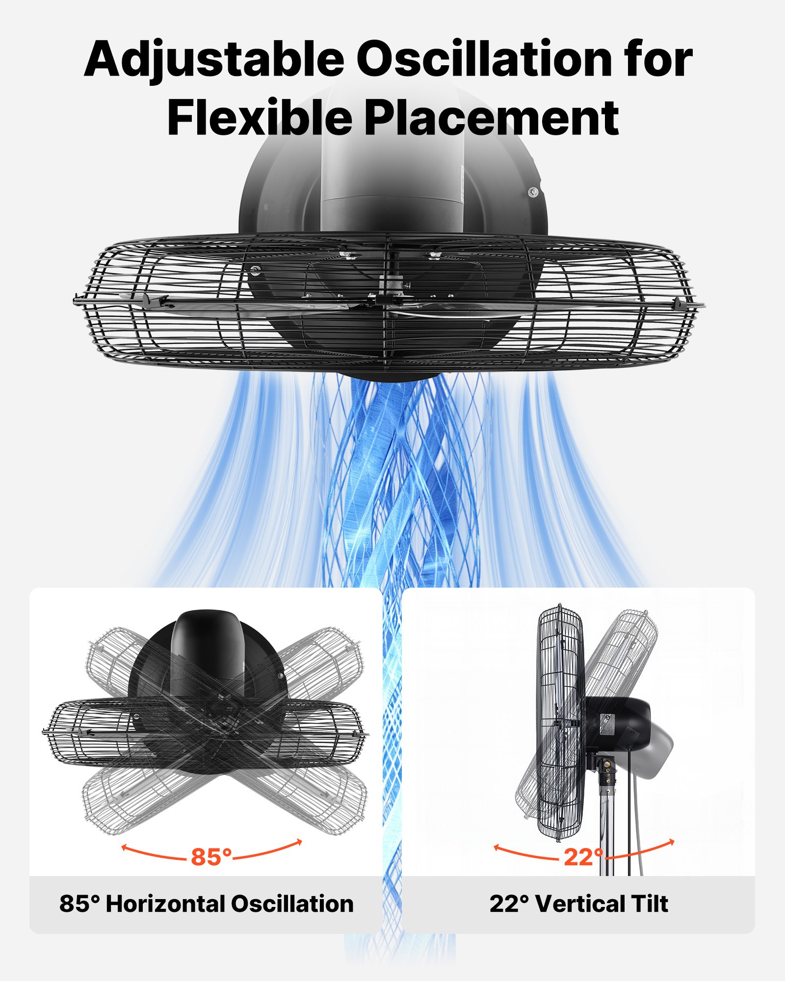 VEVOR 30-Inch High Velocity Pedestal Fan, 9100 CFM Industrial Standing Floor Fan with 85° Oscillating, 3-Speed Adjustable Height, IP44 Waterproof, Carbon Steel for Commercial, Garage, Workshop, Black