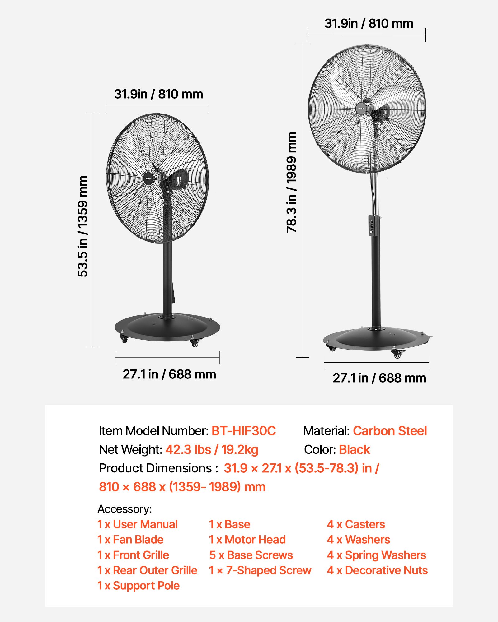 VEVOR 30-Inch High Velocity Pedestal Fan, 9100 CFM Industrial Standing Floor Fan with 85° Oscillating, 3-Speed Adjustable Height, IP44 Waterproof, Carbon Steel for Commercial, Garage, Workshop, Black